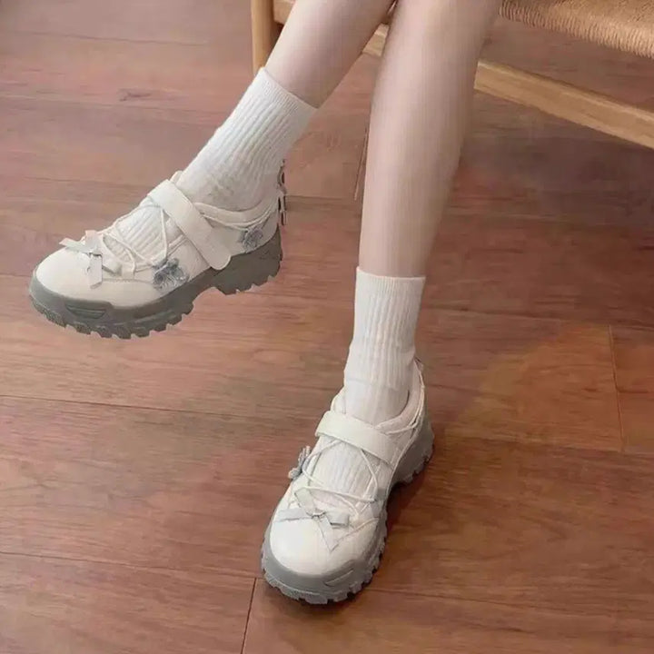 [BUNJANG] White Ribbon Platform Sneakers / 화이트 리본 스트랩 통굽 스니커즈 팔아요!