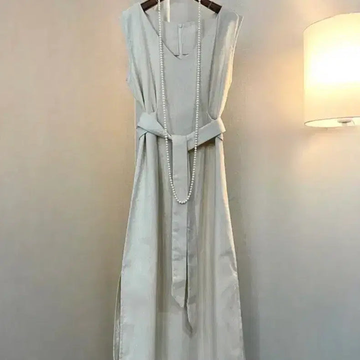 [BUNJANG] Linen Cotton Blend V-Neck Shirtdress with Belt - Beige / 롱나시 면린넨 베이지브이넥 셔츠벨트  원피스