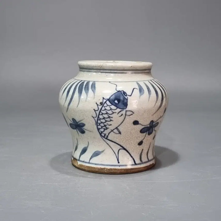 [BUNJANG] Vintage Blue-and-White Fish Motif Jar (11cm) / 빈티지 청화 어문 항아리. 높이 11