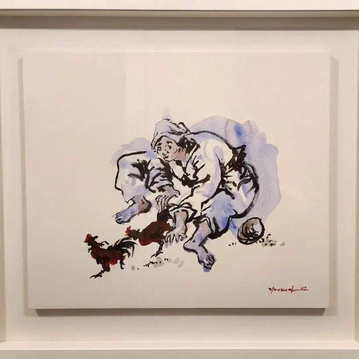 [BUNJANG] Kim Young-ja "Cockfighting" Artwork No. 10 Watercolor Croquis / 1세대 김영자 화백 투계도 작품 10호