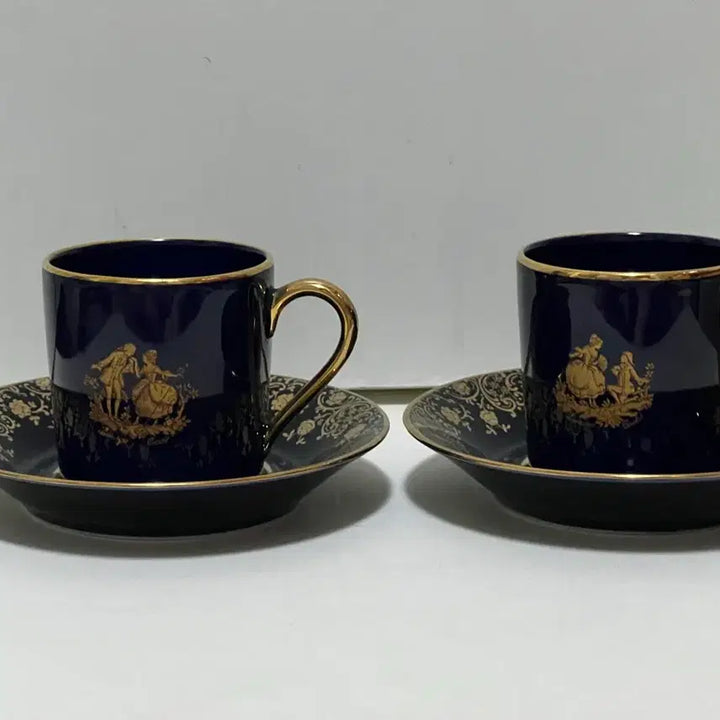 [BUNJANG] Limoges Vintage Demitasse Teacup Set - Cobalt Blue &amp; Gold Floral / 리모지 빈티지 찻잔 코발트 명화데미타세찻잔