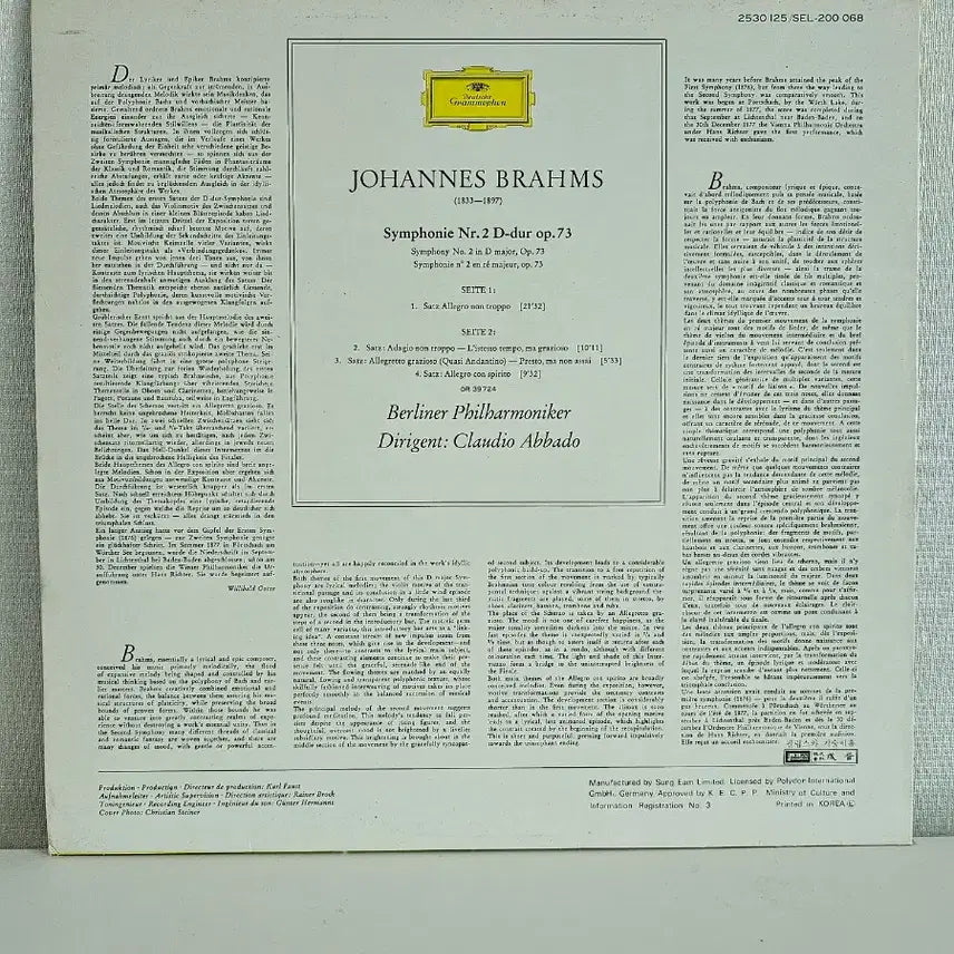 [BUNJANG] Brahms Symphony No. 2 LP - Claudio Abbado / 브람스 교향곡 2번-클라우디오 아바도 지휘 LP