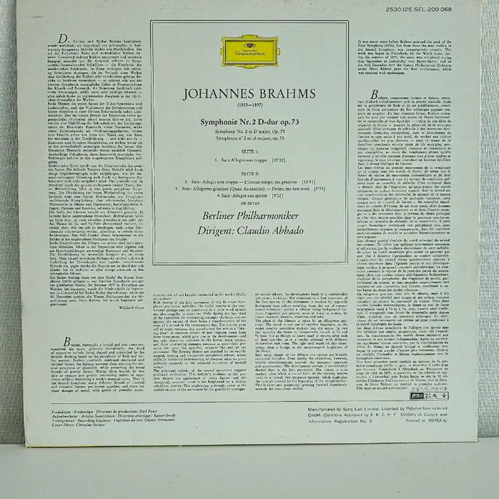 [BUNJANG] Brahms Symphony No. 2 LP - Claudio Abbado / 브람스 교향곡 2번-클라우디오 아바도 지휘 LP