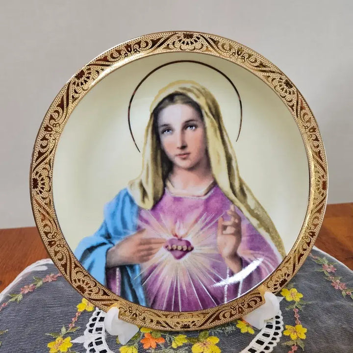 [BUNJANG] Vintage Japanese Religious Icon Transfer Plate with Easel / 올드 빈티지 일본 성모님 전사 중접시(이젤포함).