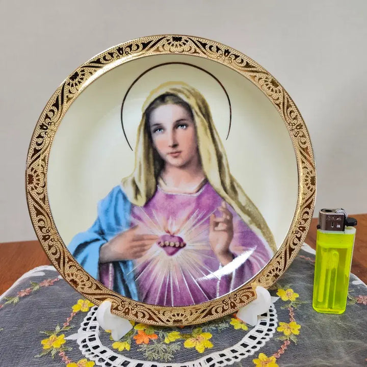 [BUNJANG] Vintage Japanese Religious Icon Transfer Plate with Easel / 올드 빈티지 일본 성모님 전사 중접시(이젤포함).