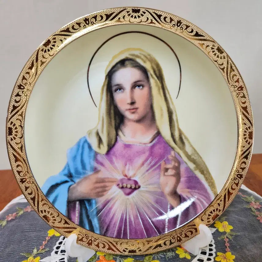[BUNJANG] Vintage Japanese Religious Icon Transfer Plate with Easel / 올드 빈티지 일본 성모님 전사 중접시(이젤포함).