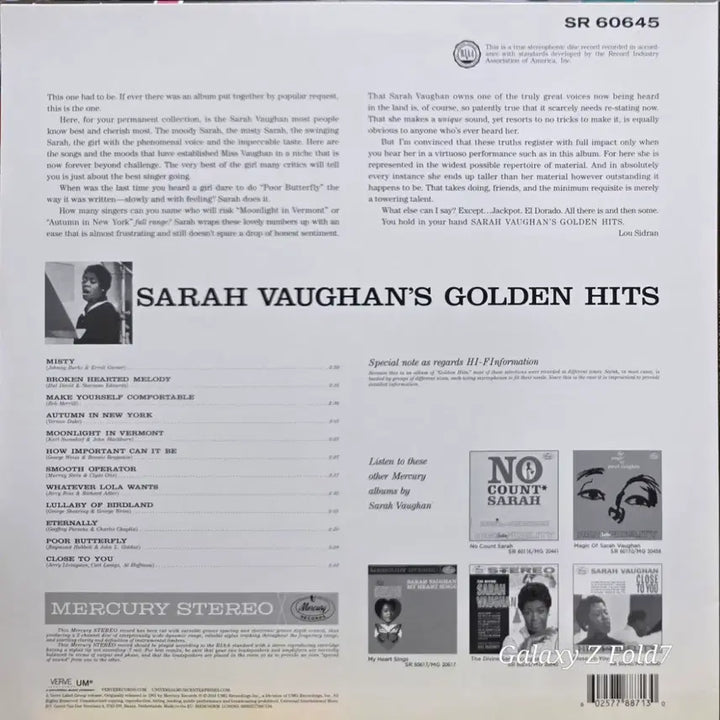 [BUNJANG] Sarah Vaughan Golden Hits LP Record / BA-543. 재즈. mercury  사라 본  골든 히트 LP