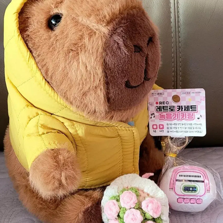 [BUNJANG] Capybara 25cm Plush Toy with Retro Cassette Recorder Keychain and Flower Bouquet Keychain Set / 카피바라25cm인형+레트로 녹음기 키링+꽃다발 키링(새상품)