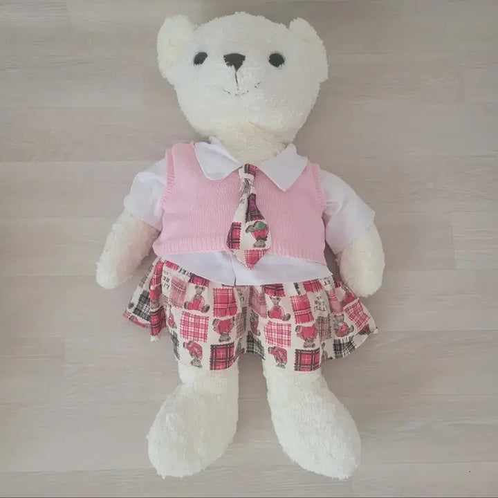 [BUNJANG] Bear Plush Pink Vest and Check Skirt Set / 인형 곰돌이 핑크 베스트 체크 치마