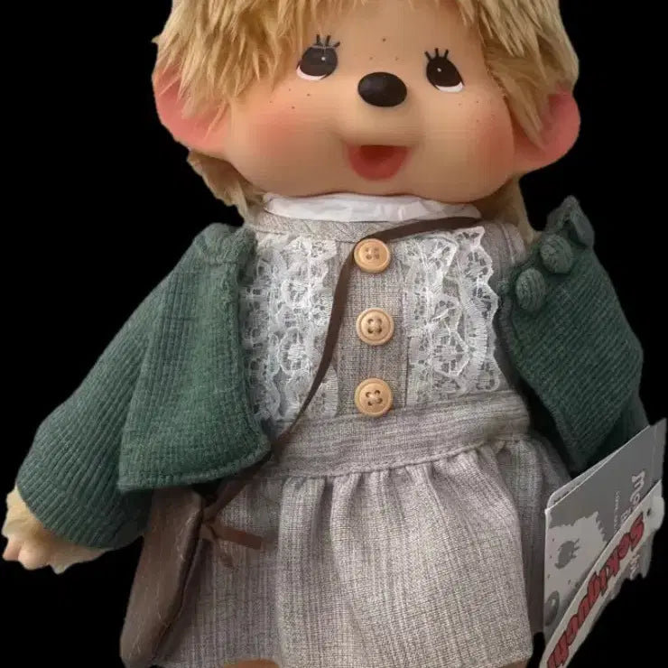 [BUNJANG] Monchhichi Doll Medium Size Green Cardigan Dress Authentic New / (오늘만)초록색 가디건 원피스 소녀 몬치치 인형 미디움사이즈 정품 새상품