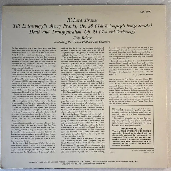 [BUNJANG] Fritz Reiner Richard Strauss Till Eulenspiegel/Death and Transfiguration LP (Classic Records Reissue) / 프리즈라이너-RichardStrauss LP(Classic Records