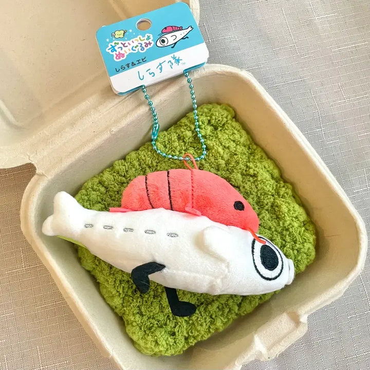 [BUNJANG] SanX Shirataki Shrimp Riding Anchovy Plush Keychain / (새상품) 산엑스 시라스타이 밥새우를 업고 도망치는 멸치 인형 키링