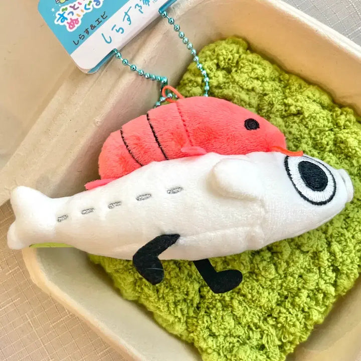 [BUNJANG] SanX Shirataki Shrimp Riding Anchovy Plush Keychain / (새상품) 산엑스 시라스타이 밥새우를 업고 도망치는 멸치 인형 키링