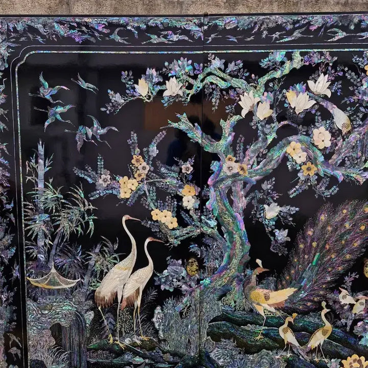 [BUNJANG] Najeonchilgi Mother-of-Pearl Four-Panel Folding Screen / 나전칠기 자개농 네폭  병풍 인테리어용 자개장문짝 고가구