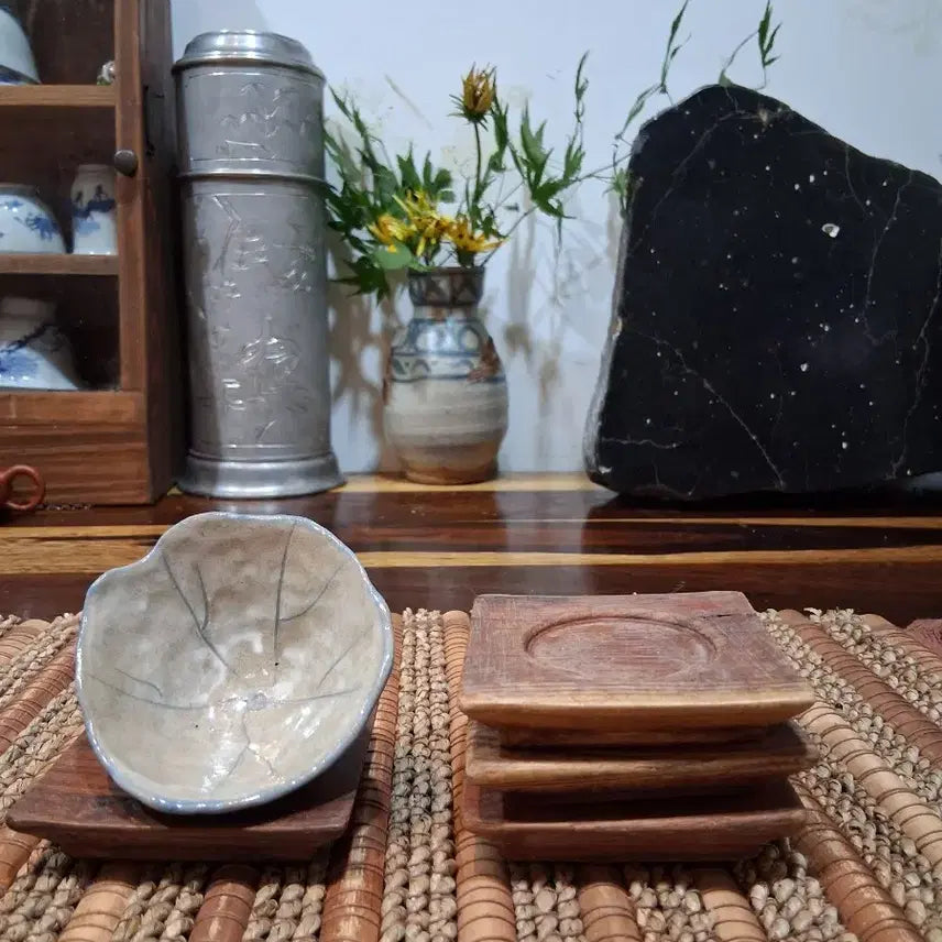 [BUNJANG] Buncheong Tea Cup and Wooden Tea Tray Set / 분청차잔과 나무차탁4점