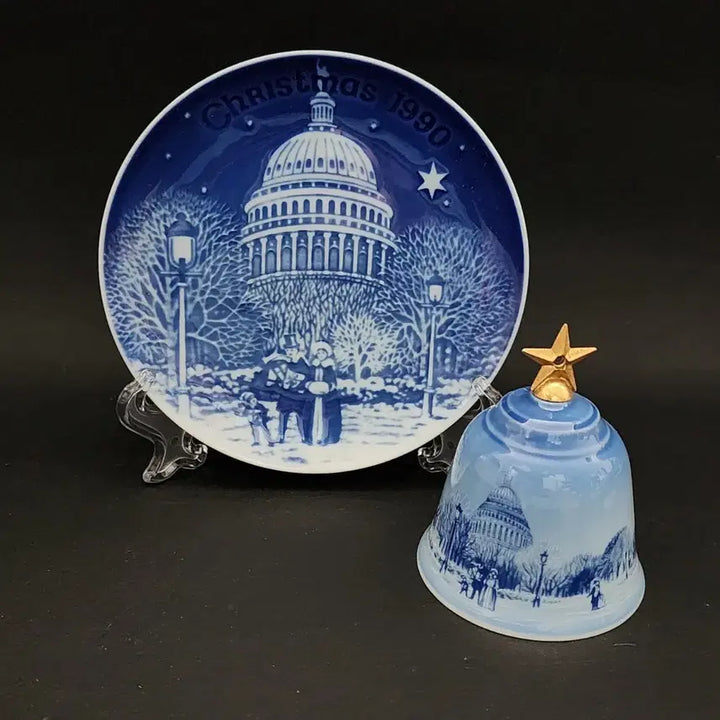 [BUNJANG] Bing &amp; Grøndahl 1990 Christmas Plate &amp; Bell Set / 덴마크 B&amp;G(빙앤그랜달) 1990년 크리스마스 플레이트 &amp; 벨 세트/장식품