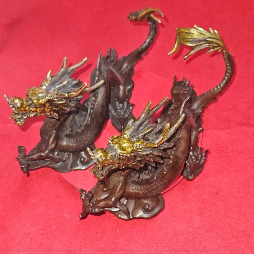 [BUNJANG] Solid Brass Golden Cloud Dragon Sculpture Set / [명품/풍수소품] 황동 금채 비상 운룡 조각상 쌍룡 한 쌍 (3.54kg
