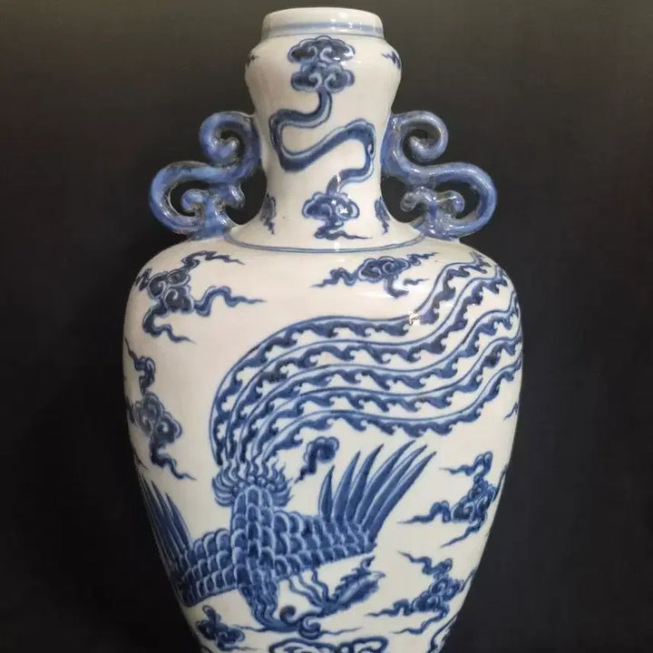 [BUNJANG] Joseon Dynasty White Porcelain Blue-and-White Vase with Dragon and Phoenix Motif / 청화 백자 양이 용 봉황문 사방 편병