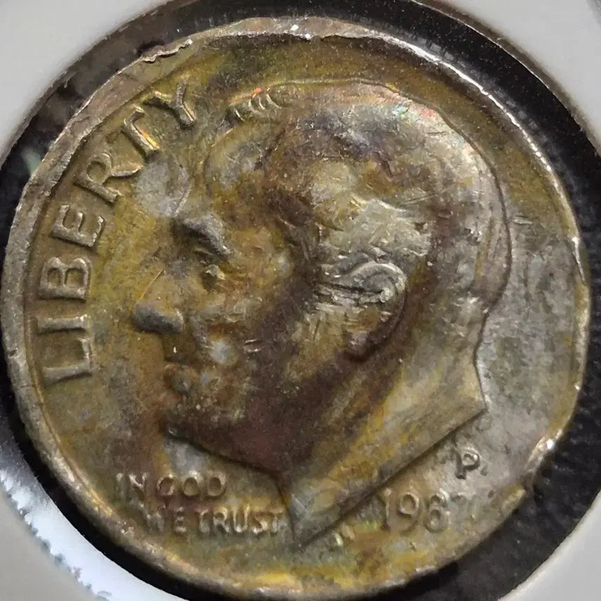 [BUNJANG] 1987 Roosevelt Dime Rainbow Toning Coin / 1987년 p발행 루즈벨트. 다임. 빈티지 무지개 토닝주화