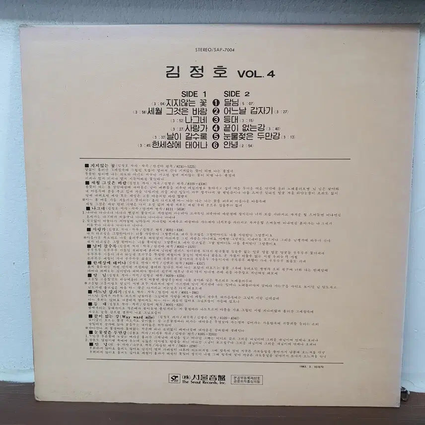 [BUNJANG] Kim Jung Ho Vol. 4 LP (1983 Seoul Records) / 김정호 Vol.4 LP 1983 서울음반