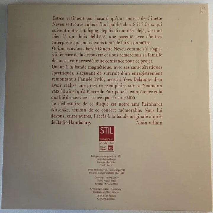 [BUNJANG] Ginette Neveu Brahms Violin Concerto Live 1948 LP STIL Discothèque / 지네트 느뵈 - Brahms 바이올린 협주곡 1948 실황 LP