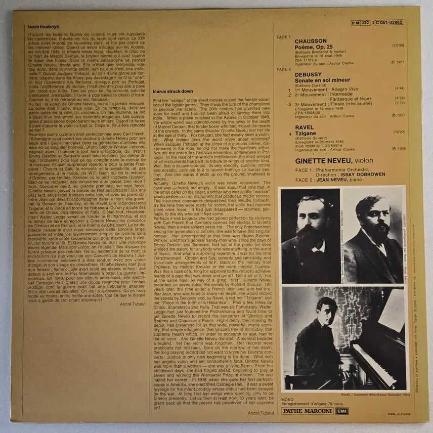 [BUNJANG] Ginette Neveu plays Debussy, Chausson, Ravel French EMI LP / 지네트 느뵈-쇼숑, 드뷔시, 라벨 LP (프랑스 EMI)