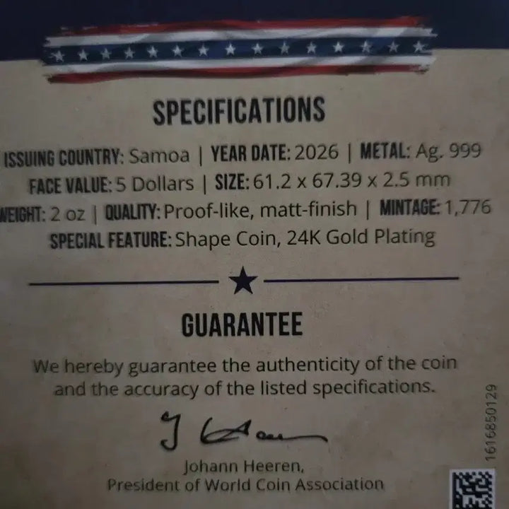 [BUNJANG] 2025 Samoa 2oz 250th Anniversary of American Independence 24k Gold-Plated Silver Coin / 2025 사모아 2온스 미국 독립 250주년 기념 24k 금도금 은화