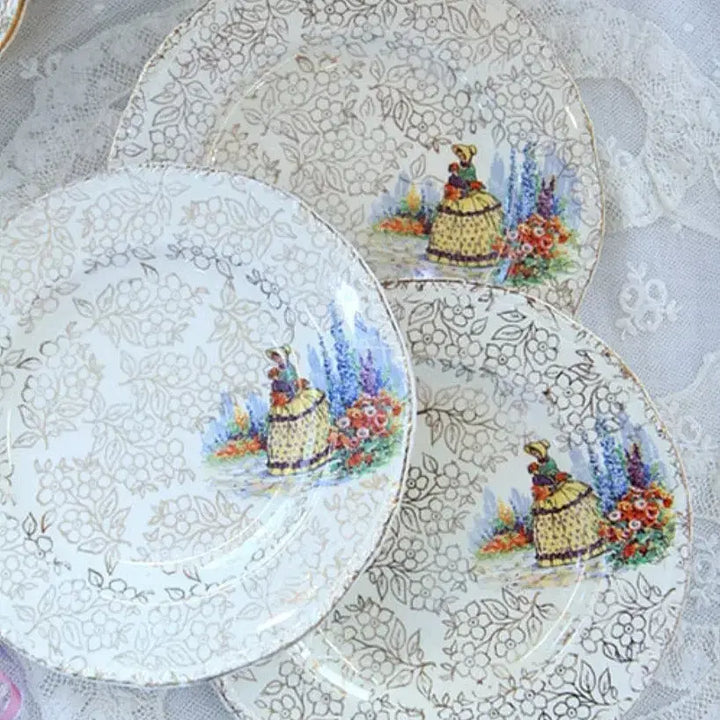 [BUNJANG] Vintage English Crinoline Lady Hand-Painted Bread Plates Set of 3 / 빈티지 영국 크리놀린레이디 핸드페인팅 브레드접시 3장 셋트