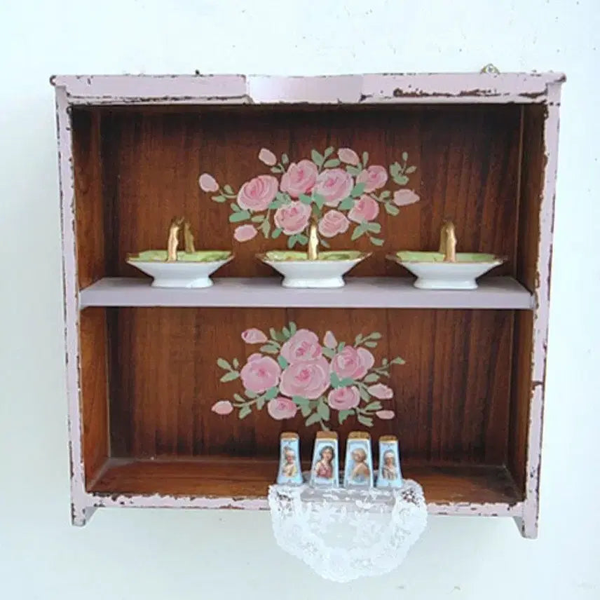 [BUNJANG] Vintage British 2-Tier Wooden Wall Shelf with Pink Floral Design / 빈티지 영국 핑크 꽃그림이 있는 2단 우드 월 쉘프