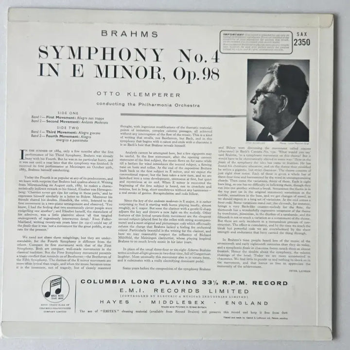 [BUNJANG] Otto Klemperer Brahms Symphony No. 4 LP (Columbia SAX First Pressing) / 오토 클렘페러 - 브람스 교향곡 4번 LP ( 콜롬비아 SAX 초반)