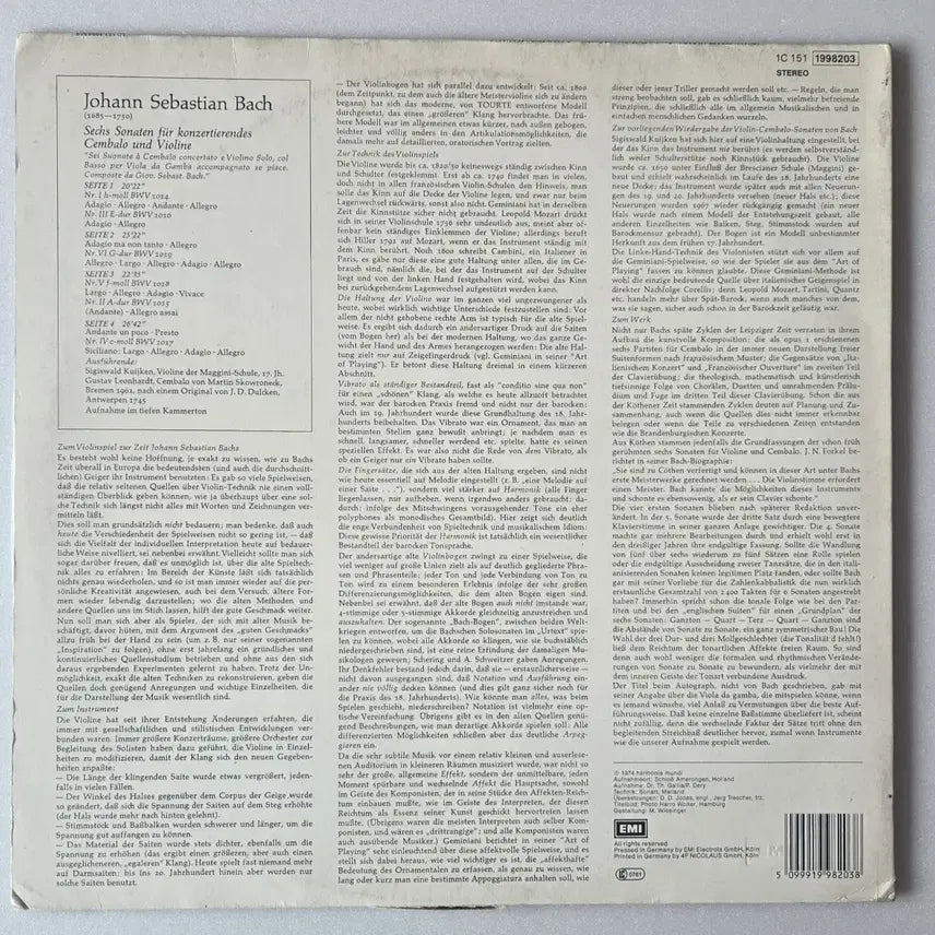 [BUNJANG] Bach Violin Sonatas Complete 2LP - Sigiswald Kuijken, Gustav Leonhardt (Deutsche Harmonia Mundi) / 쿠이켄&amp;레온하르트- 바흐 바이올린소나타 전곡2LP (독일HM)