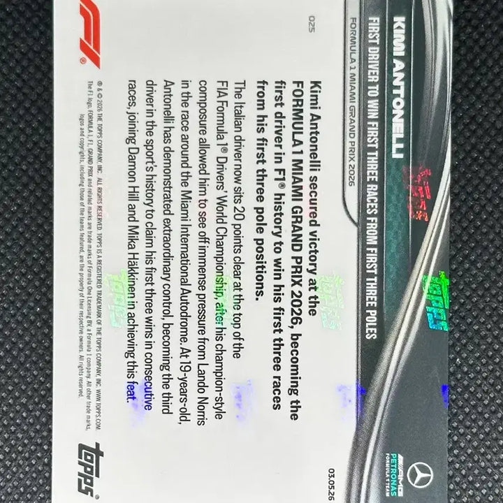 [BUNJANG] Topps NOW F1 Kimi Antonelli Card Miami Grand Prix 2026 Season / Topps NOW F1 키미 안토넬리 카드