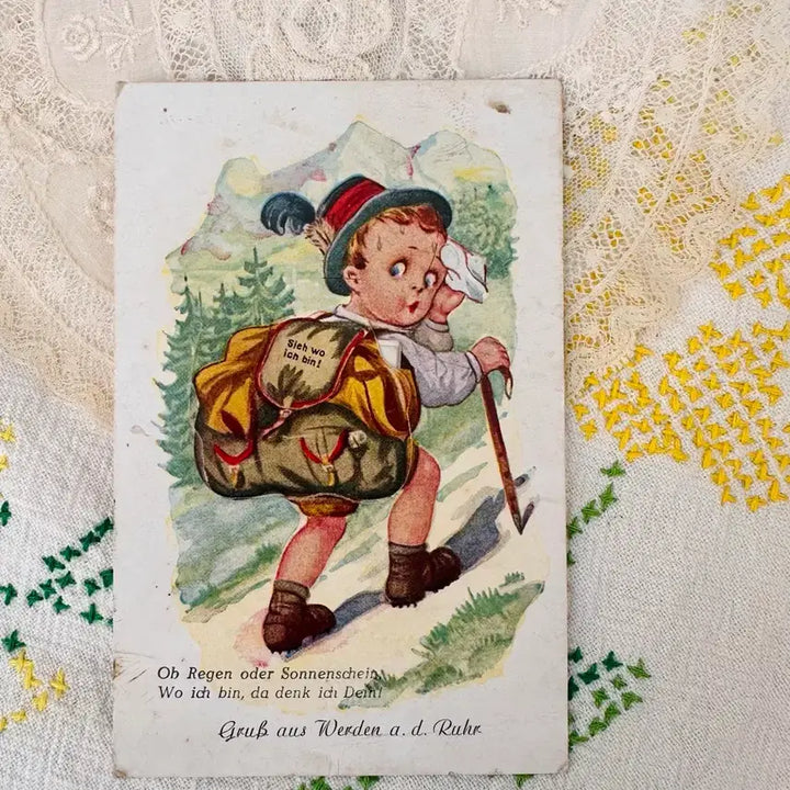 [BUNJANG] Vintage Postcard - Hiking Boy Illustration / 빈티지엽서 가방안에 책있다