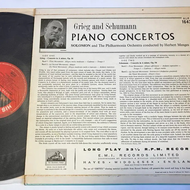 [BUNJANG] Solomon, Herbert Menges, Philharmonia Orchestra - Grieg &amp; Schumann Piano Concertos LP (HMV Mono Original) / 모노초기반) 솔로몬 - 그리그 &amp; 슈만 피아노 협주곡 LP