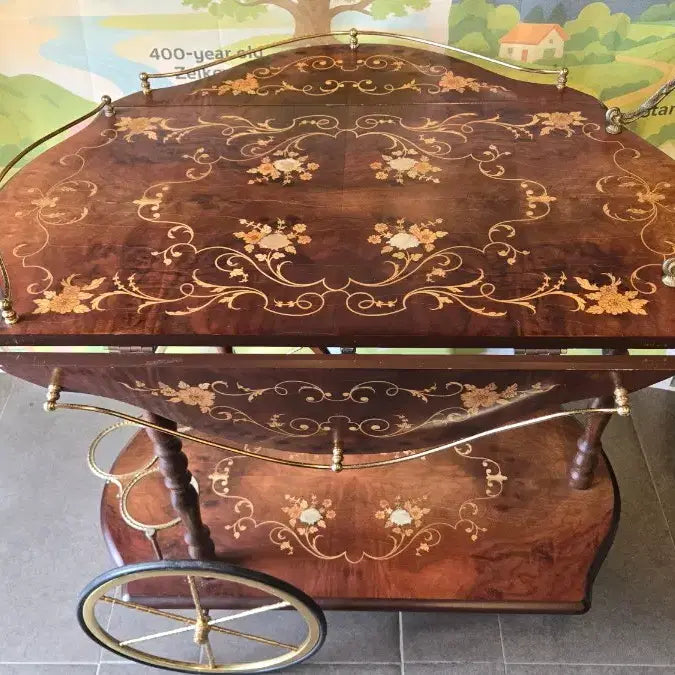[BUNJANG] Antique Mahogany Tea Cart with Floral Inlay / 앤틱 티카트 마호가니 꽃무늬