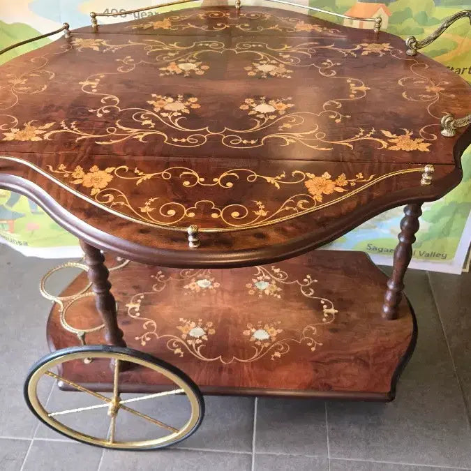 [BUNJANG] Antique Mahogany Tea Cart with Floral Inlay / 앤틱 티카트 마호가니 꽃무늬
