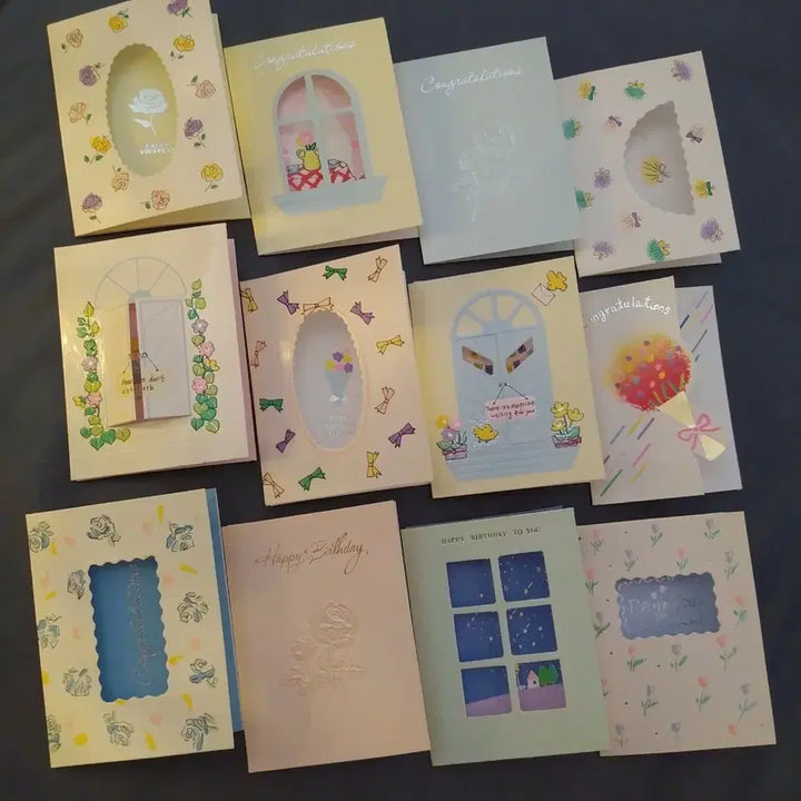 [BUNJANG] Vintage Celebration Card Set with Envelopes, Retro Illustration, 3D Cards / 12개세트 빈티지 축하카드 / 레트로 일러스트 팬시 입체카드 고전 문구
