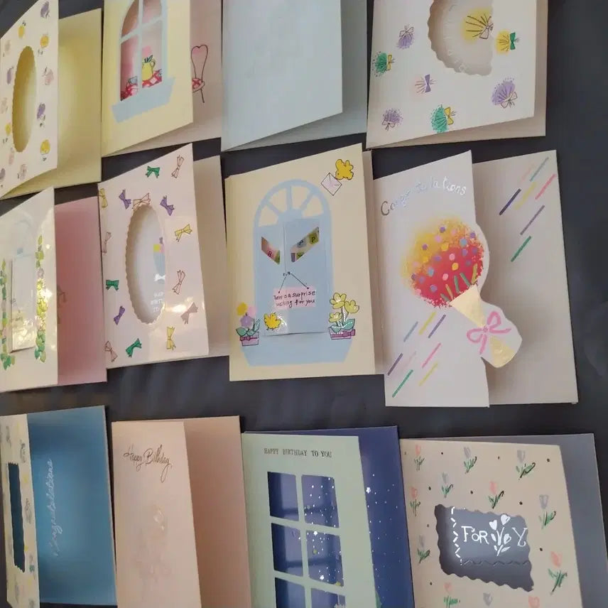 [BUNJANG] Vintage Celebration Card Set with Envelopes, Retro Illustration, 3D Cards / 12개세트 빈티지 축하카드 / 레트로 일러스트 팬시 입체카드 고전 문구