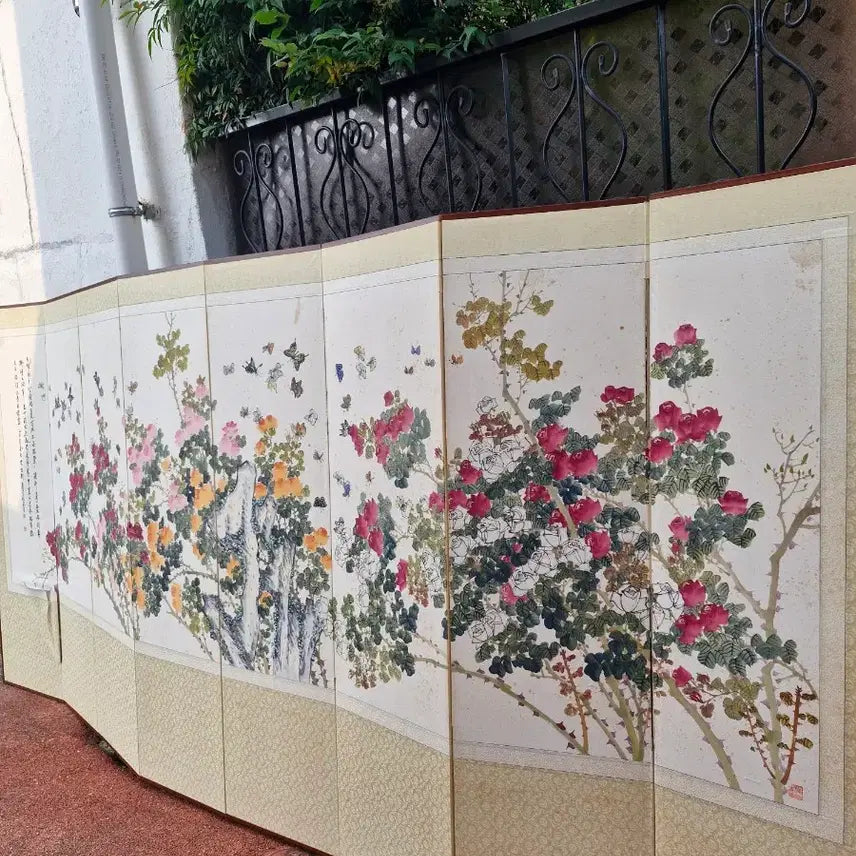 [BUNJANG] Hwagang Lee Young-woo 8-Panel Folding Screen with Birds and Flowers / 화강 이영우 8폭 화조도 일자병풍 고가구 골동품