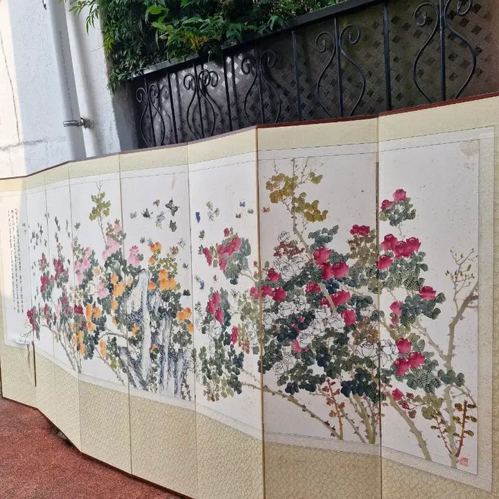 [BUNJANG] Hwagang Lee Young-woo 8-Panel Folding Screen with Birds and Flowers / 화강 이영우 8폭 화조도 일자병풍 고가구 골동품