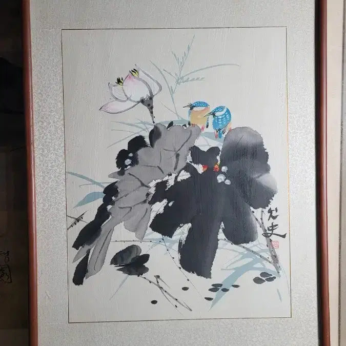 [BUNJANG] Yeonsa Kim Hyung-seok Blue Bird Lotus Painting Framed Art / 연사김형석 파랑새 연 그림액자
