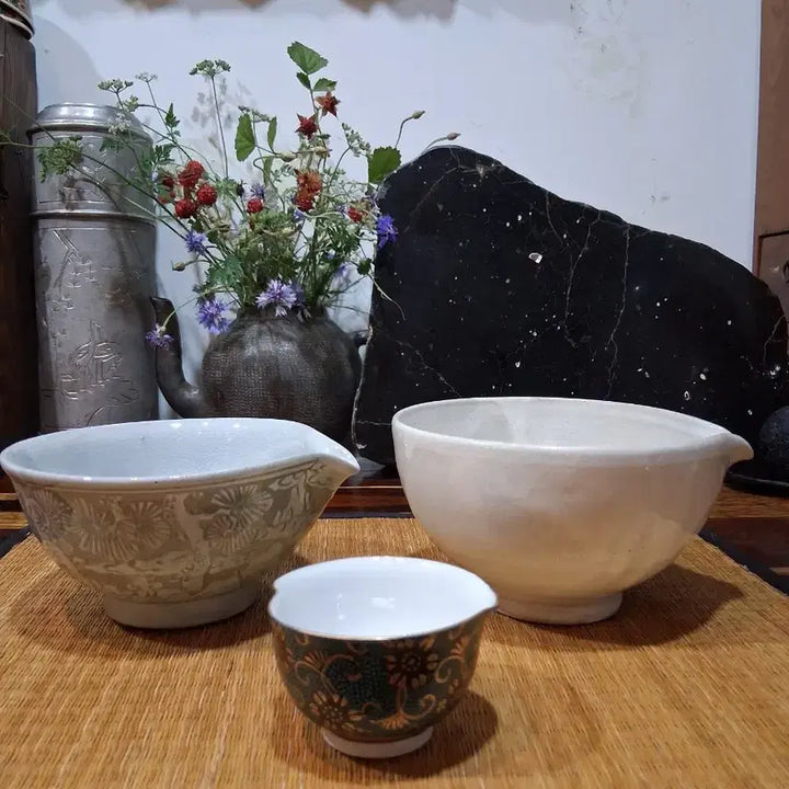 [BUNJANG] Buncheong Celadon Teapot Set with Ten Symbols of Longevity Design (3 Pieces) / 십장생(장수)도안 분청숙우 총 3점 일괄