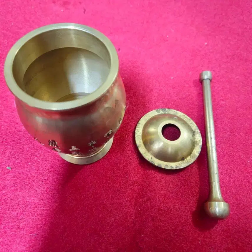 [BUNJANG] Antique Brass Mortar and Pestle Set with Lid, Medicinal Tool / 엔틱 황동 약절구 세트 (뚜껑.절구공이 포함, 한의학 소품)