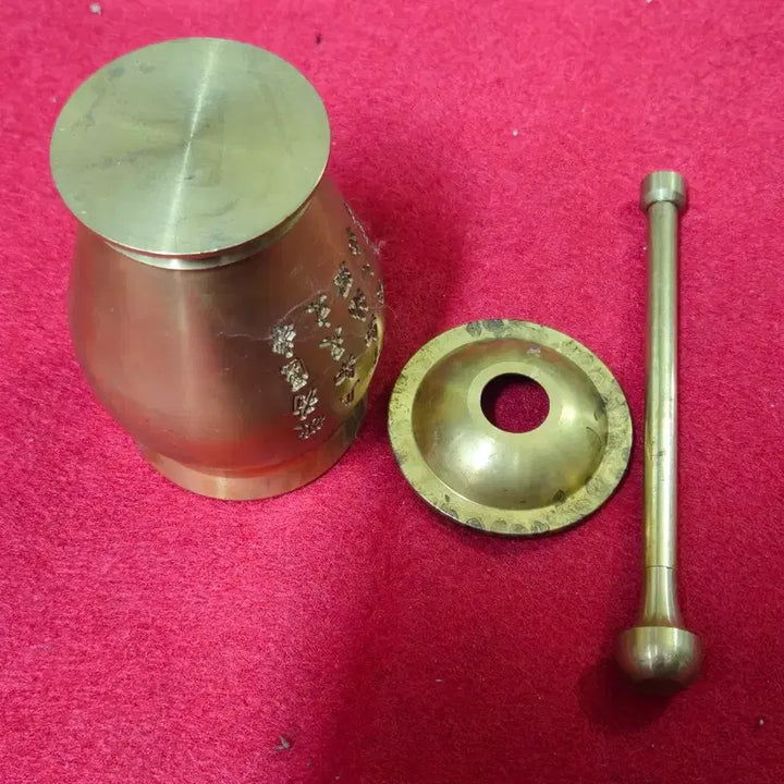 [BUNJANG] Antique Brass Mortar and Pestle Set with Lid, Medicinal Tool / 엔틱 황동 약절구 세트 (뚜껑.절구공이 포함, 한의학 소품)