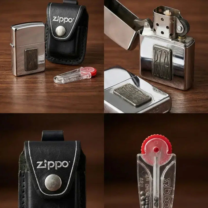 [BUNJANG] Vintage Zippo Lighter with Genuine Leather Case and Flint / 빈티지 지포(Zippo) 라이터 + 정품 가죽 케이스 + 부싯돌 포함