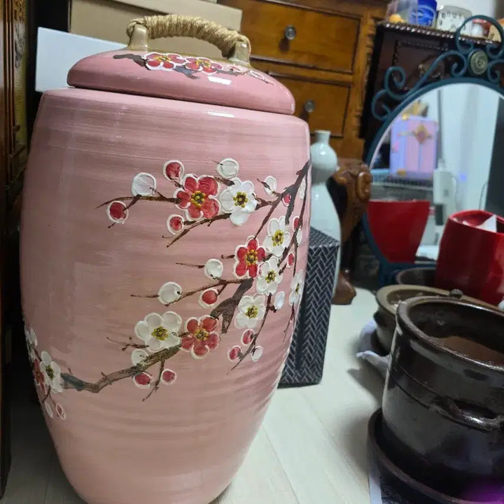 [BUNJANG] Pink Floral Ceramic Jar with Lid / 도자기 단지 핑크 꽃무늬