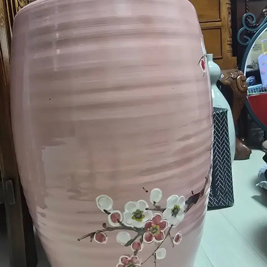 [BUNJANG] Pink Floral Ceramic Jar with Lid / 도자기 단지 핑크 꽃무늬