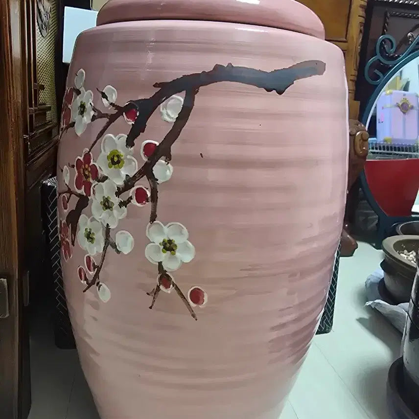 [BUNJANG] Pink Floral Ceramic Jar with Lid / 도자기 단지 핑크 꽃무늬