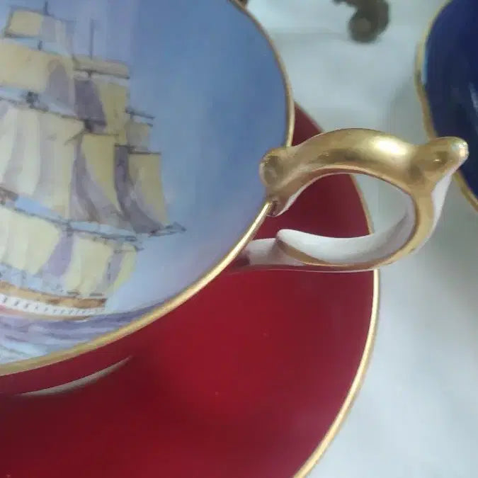 [BUNJANG] Antique Teacup Set with Sailing Ship Illustration / 앤틱 찻잔 세트 붉은색 빈티지 선박 그림