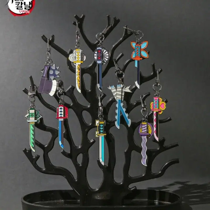 [BUNJANG] Demon Slayer Nichirin Sword Keychain Set (10 Types) with Wooden Display Stand &amp; Bonus Goods / 귀멸의 칼날 일륜도 키링 10종일괄 +나무진열대+굿즈